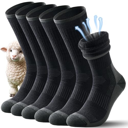TANSTC Merino Socken Herren Damen Outdoor Wandersocken Winter Dicke Thermosocken Wintersocken Professionell Warme Wollesocken Trekking-Socken Gepolstert Sportsocken Arbeitssocken 3 Paar, Schwarz M