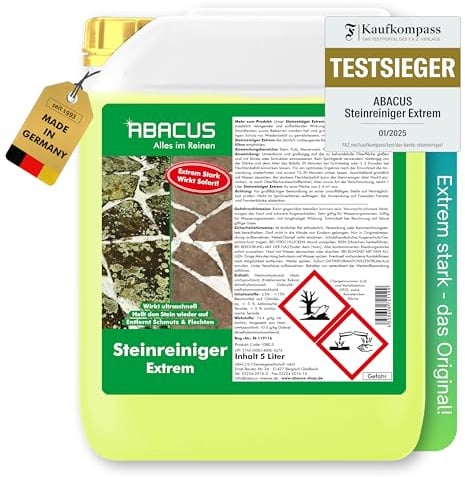 ABACUS® Steinreiniger Extrem, intensiver Steinreiniger für außen mit Sofortwirkung, entfernt sofort Schmutz, Grünbelag, Flechten & Algen in Minuten, Steinreiniger Intensiv außen 5 Liter