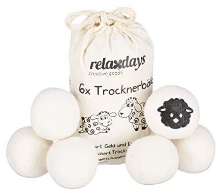 Relaxdays Trocknerbälle XXL, 6 Trocknerkugeln, Filzbälle für Trockner, weiß | aus Schafswolle, ø 7 cm