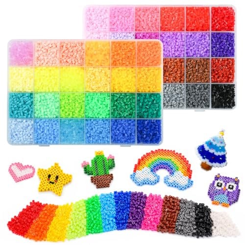 Mini Bügelperlen Set 2,6mm aus Kunststoff, 24000 Perlen, 2 Steckplatten | 48 Farben vorsortiert in Sortierbox, DIY Pixel Art Set für Erwachsene & Hobbybastler, Steckperlen mit Zubehör
