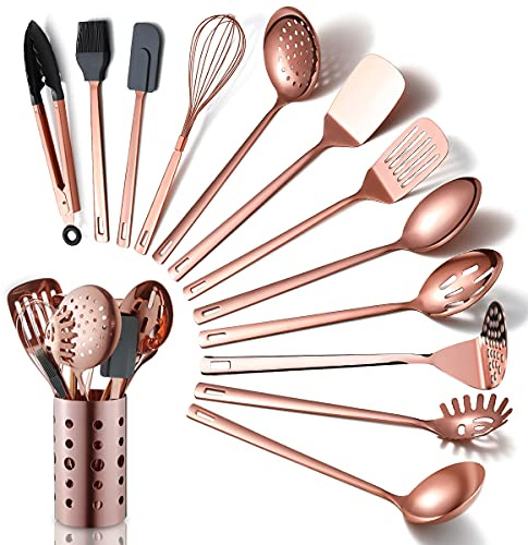 Set Küchenutensilien aus Kupfer, 13-teiliges Kochgeschirr aus Edelstahl mit Titan-Roségold-Beschichtung, Küchenutensilien-Set mit Utensilienhalter für Antihaft-Kochgeschirr (13 Packungen)