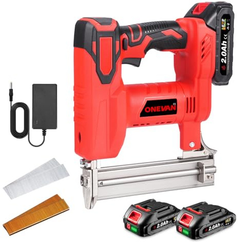 ONEVAN Akku Tacker und Nagelpistole, 2-in-1 Elektrotacker & Akku Nagler mit 2 2000mAh Akkus, 80 Nägel/min, Nagelschussgerät Akkutacker für Holz, inkl. 100 Nägel 30mm und 100 Klammern 22mm
