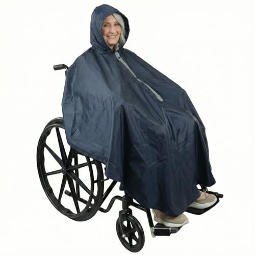 KMINA Regencape Rollstuhl Erwachsene wasserdicht mit Kapuze, Poncho, Blau | Thermische Innenauskleidung aus Baumwolle, Umkehrbarer Reißverschluss, Innentasche, Rollstuhldecke für Regen und Wetter