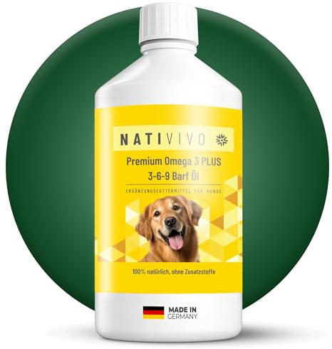 NATIVIVO Premium Barf Öl Omega 3 6 9 Hund - 500ml Fischöl für Hunde - Lachsöl Hund - Fischöl flüssig mit Hanfsamenöl - Hochwertiges Barföl Futteröl für Hunde - 100% natürlich - Made in Germany