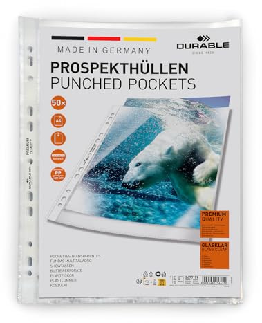 Durable Prospekthüllen A4 (Klarsichtfolien Premium, 0,08mm), A4 Klarsichthüllen, 50 Stück, glasklar, 267719