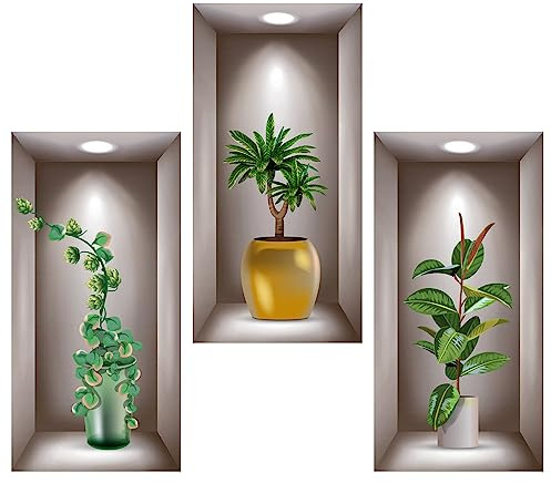 DOUSELLA 3 Stück 3D Wandsticker Vase Wandtattoo Wohnzimmer Vasen Grüne Pflanzen Wandaufkleber 3D Vinyl Wandabziehbilder Wandbilder Pflanze mit Vase 3D Pflanzen Wandbilder für Haus Wanddeko, 40x20cm