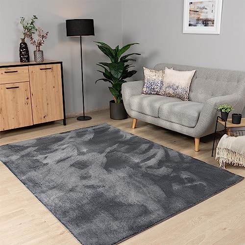 Paco Home Teppich Wohnzimmer Schlafzimmer Kurzflor Waschbar Einfarbiges Muster Flauschig Weich rutschfest Moderne Deko, Grösse:80x150 cm, Farbe:Anthrazit