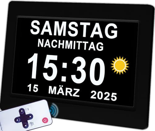 Véfaîî Upgraded, Elektronischer Tag Datum Wecker, 20 Benutzerdefinierte Erinnerungen, 10 Stufen Dimmer, Nicht Abgekürztes Tagesdatum Große Uhr für Senioren - 7 Zoll mit Fernbedienung