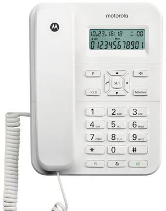 Motorola Voice – CT202 Schnurgebundenes Telefon, 10 Speichertasten, Freisprecheinrichtung, Wartemusik, Anrufer-ID, Wahlwiederholung der letzten Nummer – Weiß