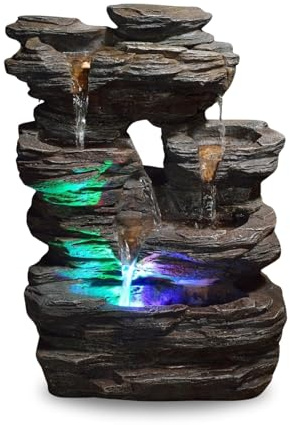 Zen’Light - Zimmerbrunnen Pietra - Steinoptik aus Kunstharz mit Bunten Lichteffekten - Moderne Zen Deko, Meditation & Entspannung - Glücksbringer - H35cm