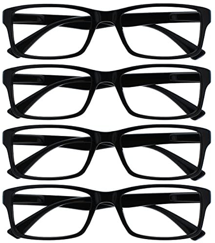 OPULIZE PEP Lesebrille für Damen und Herren - 4er Pack - Große Rechteckige Brille - Komfortable Federscharniere - Kratzfest - Schwarz +1.50