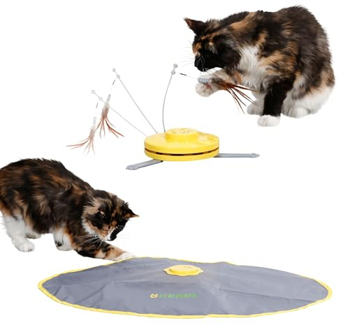 Kerbl Pet Katzenspielzeug 2in1 Catch the TailFeather, Federwedel, gelb, grau, 70x53x5cm, Nylon, Katzen, automatische Abschaltfunktion, rutschfest