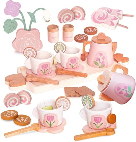 Smartwo Teeservice Kinder Holz, Tee Set für Teeparty Rollenspiele | Holzspielzeug Geburtstagesgeschenk für Mädchen ab 3 Jahre, Küchenzubehör für Kinderküche Spielküche, Rosa, 23 Teilig