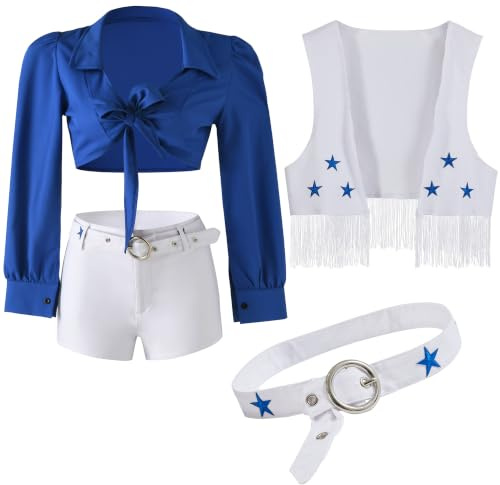 Maxim Party Supplies Texas Cowgirl Cheerleader Kostüm Blauer Stern 4-teiliges Set Damen Outfit mit Weste, Top, Shorts und Gürtel
