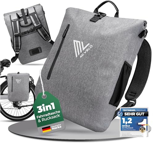 MIVELO - 3in1 Fahrradtasche für Gepäckträger, 100% wasserdicht & PVC-frei, Fahrradtasche Rucksack & Umhängetasche, Fahrrad Tasche Gepäckträgertasche (Grau, 20L)