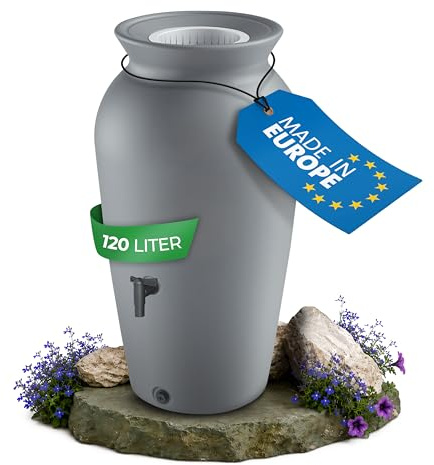 YourCasa Regentonne 120-230 Liter [DropCatcher] mit Filterkorb & Wasserhahn - Regenfass Frostsicher Kunststoff - Regenwassertonne - Regenwassertank Garten Wassertank Regensammler (Grau, 120L)