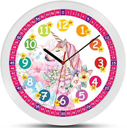 K&L Wall Art rosa Kinder Wanduhr für Mädchen lautlose Einhorn Prinzessin Kinderuhr 30cm groß mit Lernzifferblatt 30cm