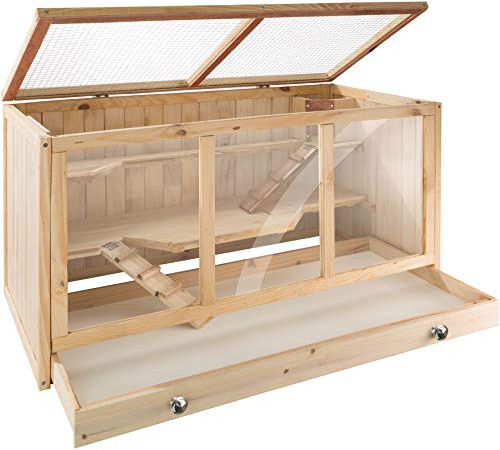 TecTake 403230 Nagerkäfig aus Holz mit Häuschen, Bewegungsfreiheit durch mehrere Etagen, aufklappbares Dachgitter, Schaufenster aus Kunststoffglas