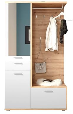 ENTRA Flurgarderoben Set in Artisan Eiche Optik, Weiß - Stylishe Kompaktgarderobe mit Spiegel für Ihren Eingangsbereich - 117 x 198 x 38 cm (B/H/T)