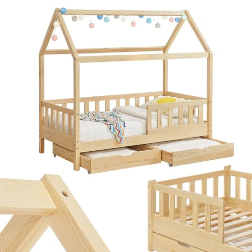 Juskys® Kinderbett Marli 90 x 200 cm mit Bettkasten 2-teilig, Rausfallschutz, Lattenrost & Dach - Massivholz Hausbett für Kinder - Bett in Natur