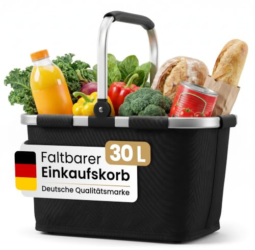 Selinchen® - Premium Einkaufskorb | Hochwertige Einkaufstasche faltbar und mit Aluminium Griff | Ideal als eleganter Picknickkorb oder Shopper | 30 Liter (Black) - New