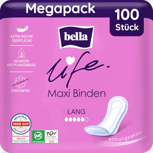 bella life Maxi Damenbinden ohne Flügel Lang 100 Stück (10x10) parfümfrei weich