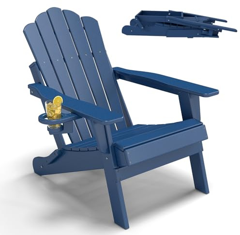 Freelawn Gartenstuhl Wetterfest Kunststoff, Adirondack Sessel Klappbar für Feuerstelle, Ergonomischer Outdoor Gartensessel, Marineblau