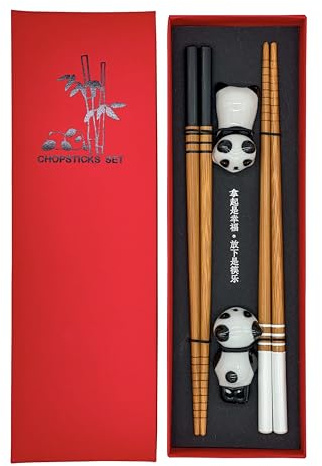 Sushi Essstäbchen Set Panda 2 Paar inklusive Keramik-Unterleger Premium Holz Nachhaltig Japanisch Chinesisch Koreanisch Taiwanesisch