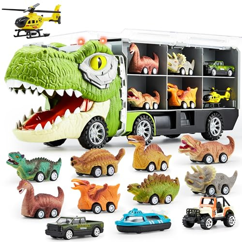 JOYIN 13 Stück Dinosaurier Spielzeug-Set - Autotransporter Mit 12 Zurückziehbaren Dino-Fahrzeugen, Transportwagen Mit Musik, Sound, Lichtern Und Hubschrauber - Für Kinder