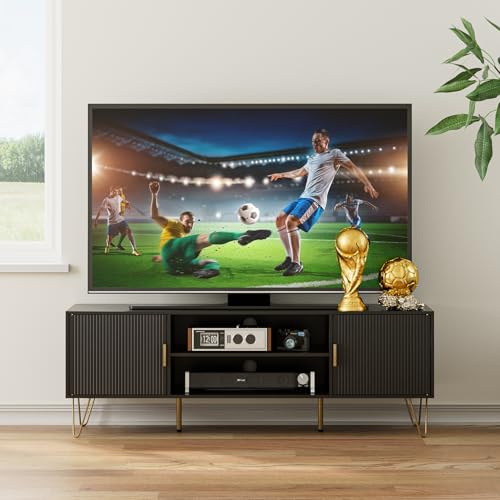 HEYZOEY TV Schrank, Lowboard für TV bis 65 Zoll, 2-türiges TV Board mit Schränken für Wohnzimmer (Schwarz, 137 x 38 x 48 cm)