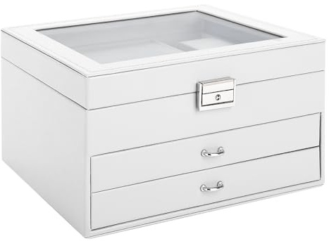 Yieseang Schmuckkästchen Mädchen,Schmuckaufbewahrung mit Schublade,Schmuckkasten mit Glasdeckel,Schmuck Organizer,Schmuckschatulle für Ohrringe,Ringe,Uhren,Weihnachten,Valentinstag,Geburtstag,Weiß