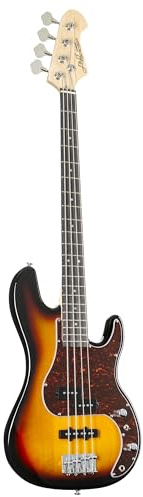 J & D E-Bass, Bass Gitarre mit 4 Saiten und Linde Korpus, JB Bass mit Split-Coil Tonabnehmer und Single Coil, passive Elektronik, 3-Tone Sunburst