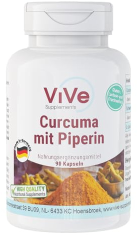 Vive Supplements, Curcuma 500mg mit Piperin Kapseln, 90 Kapseln, Hochdosiert, Vegan, Qualität aus Deutschland