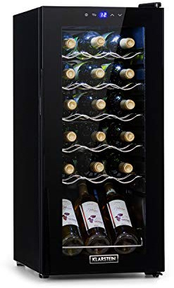 Klarstein Shiraz Weinkühlschrank Schwarz – 18 Flaschen, 50 L, 1 Zone | Getränkekühlschrank mit Glastür, freistehend, leise, 5–18 °C, LED, Edelstahlrahmen