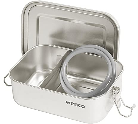 wenco Lunchbox aus Edelstahl, Mit 2 Fächern, Brotdose klein mit 650 ml Fassungsvermögen, Wasserdicht, Spülmaschinengeeignet, inkl. Ersatz-Silikonring, 15 x 11,3 x 5 cm, Silber
