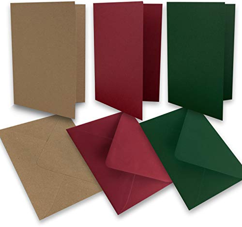 30 Falt-Karten Sets - DIN A6-160 g/m² 220 g/m² - Kraft - Dunkelrot - Dunkelgrün - mit Brief-Umschlägen DIN C6-80 g/m² 90 g/m² Nassklebung