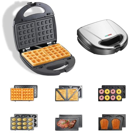 OKYUK Sandwichmaker mit 6 wechselbaren Platten, 750W Sandwichtoaster Waffeleisen mit Antihaftbeschichtung für Frühstück, Panini und Grillen