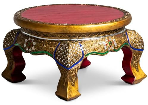 livasia Runder Opiumtisch aus Massivholz – Ø40cm, 23cm hoch – Handgeschnitzter Beistelltisch Holz aus Thailand, Nachhaltig, mit kunstvollen Glasmosaik Steinchen (40 cm)