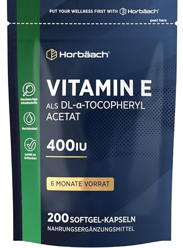 Vitamin E Kapseln Hochdosiert 400 IE bioaktives pro Kapseln | 6+ Monate Vorrat | aus D-Alpha-Tocopherol | 200 Softgel Kapseln | von Horbaach