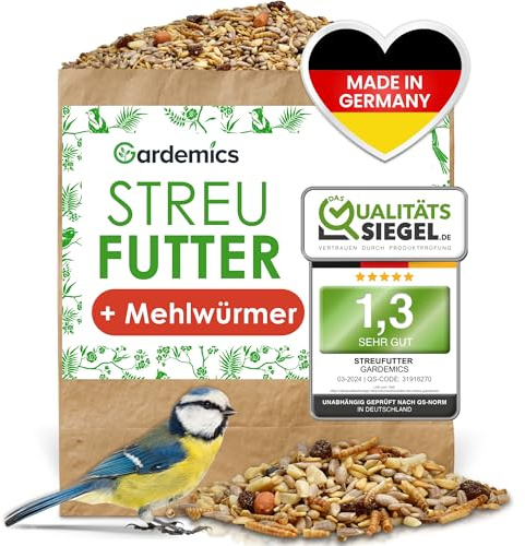Gardemics Vogelfutter Wildvögel ganzjährig 10 Kg - Mit Mehlwürmern - Premium Protein Wildvogelfutter Ganzjahresfutter für Artenvielfalt im Garten