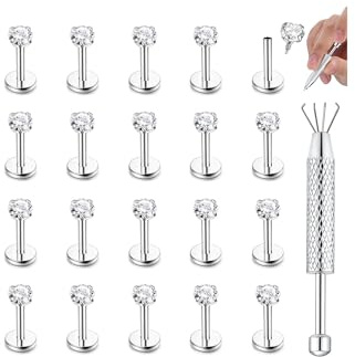 CASSIECA 20 Stück, 16 g, hypoallergen, Edelstahl, Lippenstecker, Labret-Piercing, mit 3 mm CZ, Knorpel, Tragus, Helix, Monroe, Piercing, Schmuck, 6 mm, 8 mm, 10 mm, Edelstahl
