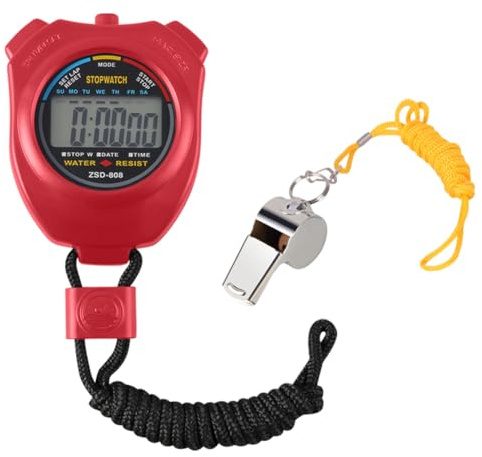 Vicloon Digital Sport Stoppuhr Timer mit Edelstahl Pfeife | Große LCD-Display Geeignet für Fußball, Basketball, Laufen, Schwimmen, Fitness und Mehr (Rot)