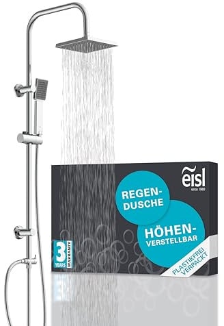 EISL EASY ENERGY Duschset, Duschsystem ohne Armatur 2 in 1 mit großer Regendusche (176 x 176 mm) und Handbrause, Regendusche ohne Armatur ideal zum Nachrüsten, komplettes Montageset DX12004-A