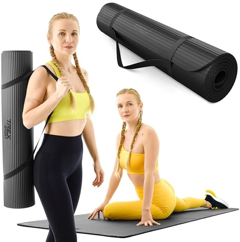 TREX SPORT Gymnastikmatte extra dick und weich | Fitnessmatte 190x80x1cm | Yogamatte Pilates mit Tragegurt rutschfest, Sportmatte Grau, Schwarz