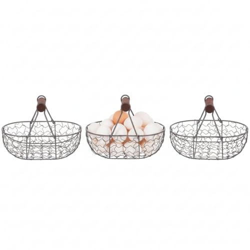 Angoily 3 Stück Draht-Eierkorb Mit Holzgriff Country Vintage-Stil Eiersammelkorb Draht- -Aufbewahrungskorb Gemüsebehälter Zum Tragen Sammeln Von Hühnereiern