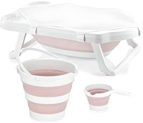 Große Faltbare Babywanne, Babywannen Set mit 33Liter, Baby Wanne Inkl. Badewanneneinsatz, Baby-Haarwaschbecher und Eimer. Babybadewanne Faltbar für Babys 0-6 Jahre, 82 x 48 x23 cm