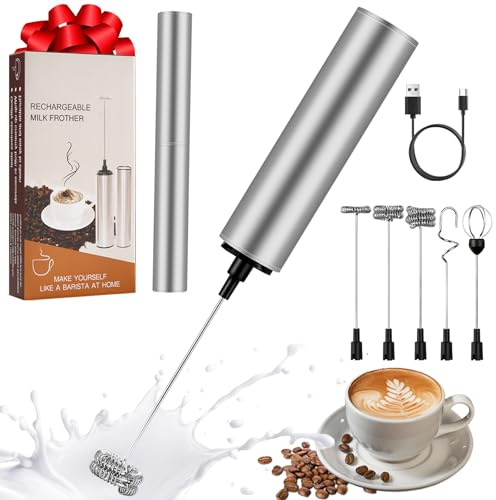 Milchschäumer Elektrisch USB-C mit 5 Wechselbaren Edelstahl-Schneebesen–2 Einstellbare Geschwindigkeiten (11.000/13.000 U/min), Wasserdichter Aufschäumer für Kaffee, Latte, Cappuccino, Matcha(Silber)