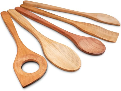 SOHFA 5 teilig Küchenutensilien aus Kirschholz | made in europe nachhaltige Kochutensilien | Küchenhelfer aus Holz: verschiedene Holzkochlöffel im Set