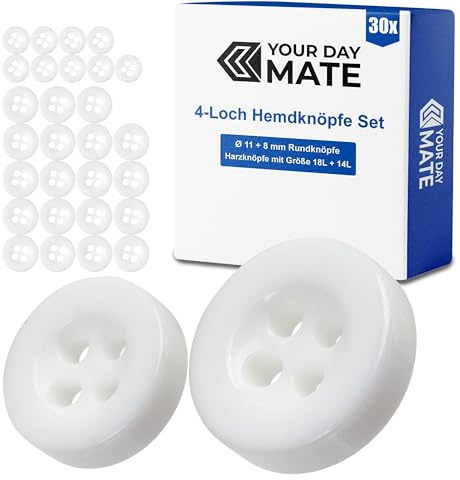 Knöpfe Set, für Hemden und Blusen, 30 Stück, 4-Loch, Ø 11 + 8 mm, in Weiss, aus Kunstharz, Größe 18L + 14L, Harzknöpfe für Jacke, Mantel, Hemd, Bluse, Poloshirt, DIY Knopf Polyester, Wäscheknöpfe