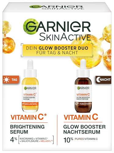Garnier SkinActive Vitamin C Serum-Duo für Tag und Nacht, 2 x 30 ml | Mit Vitamin C und Niacinamid, mildert Pigmentflecken und feine Linien, Routine, SkinActive
